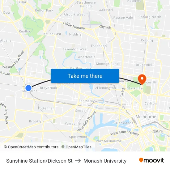 Sunshine Station/Dickson St to Monash University map