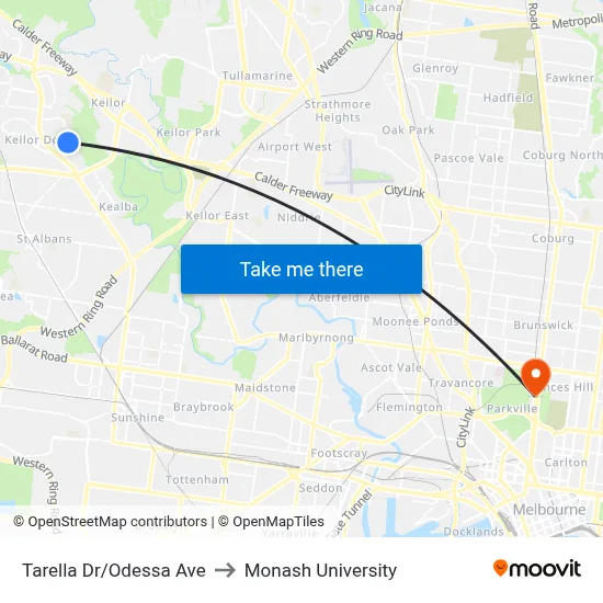 Tarella Dr/Odessa Ave to Monash University map