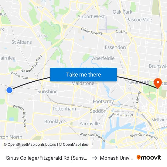 Sirius College/Fitzgerald Rd (Sunshine West) to Monash University map