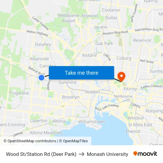 Wood St/Station Rd to Monash University map