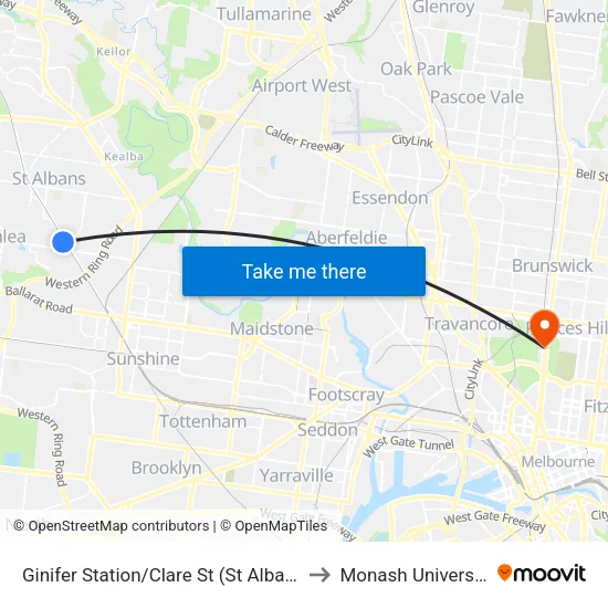 Ginifer Station/Clare St to Monash University map
