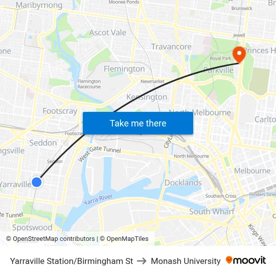 Yarraville Station/Birmingham St to Monash University map