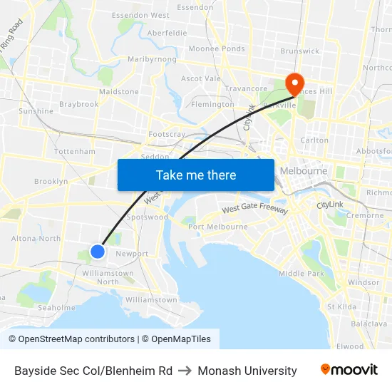 Bayside Sec Col/Blenheim Rd to Monash University map