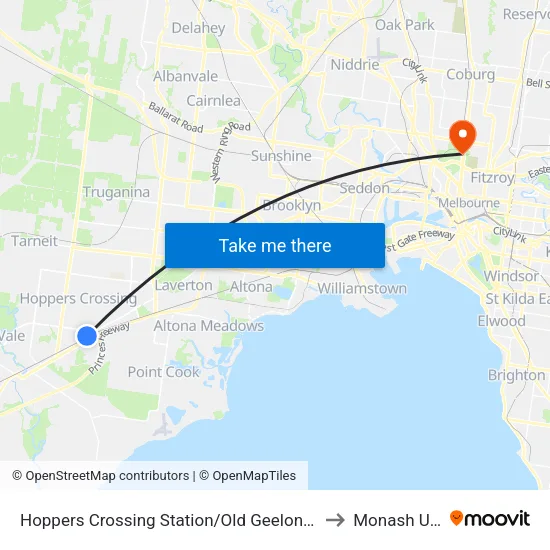Hoppers Crossing Station/Old Geelong Rd to Monash University map