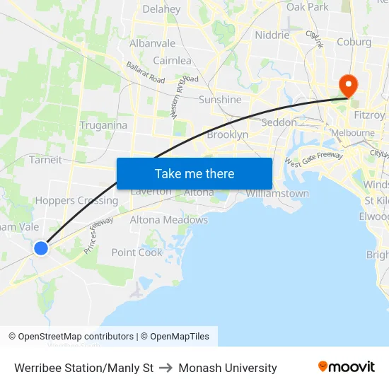 Werribee Station/Manly St to Monash University map