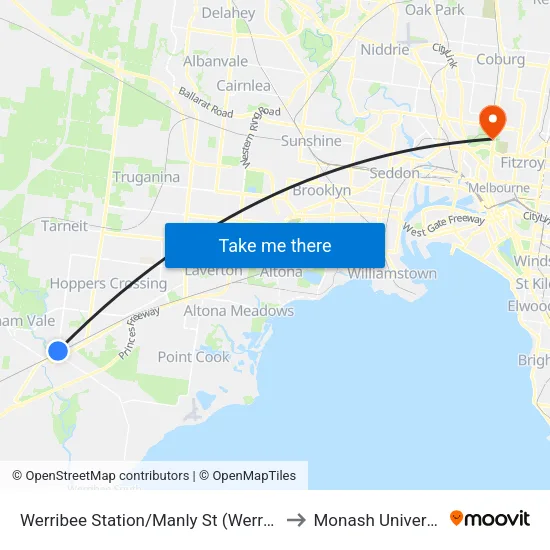 Werribee Station/Manly St to Monash University map