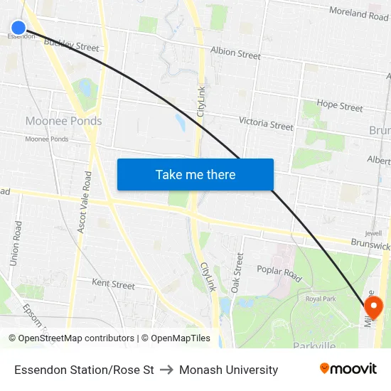 Essendon Station/Rose St to Monash University map