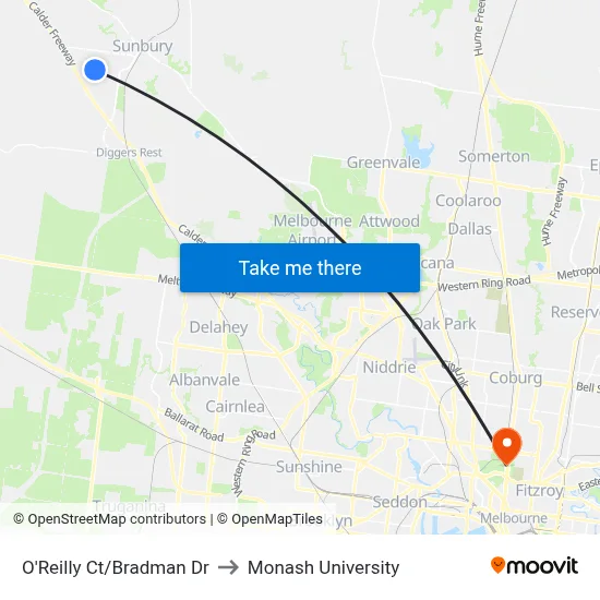 O'Reilly Ct/Bradman Dr to Monash University map