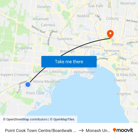 Point Cook Shopping Centre/Boardwalk Bvd to Monash University map