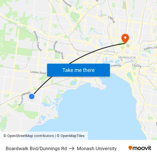 Boardwalk Bvd/Dunnings Rd to Monash University map