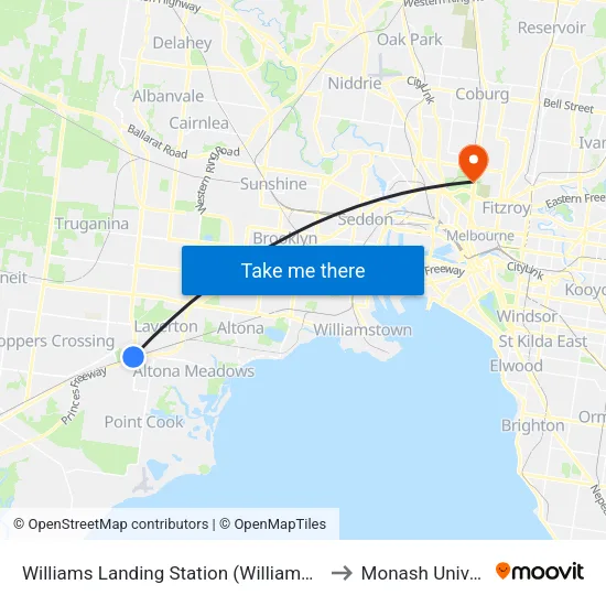 Williams Landing Station to Monash University map