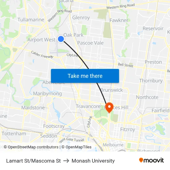 Lamart St/Mascoma St to Monash University map