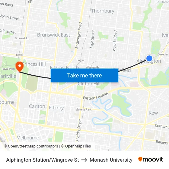 Alphington Station/Wingrove St to Monash University map