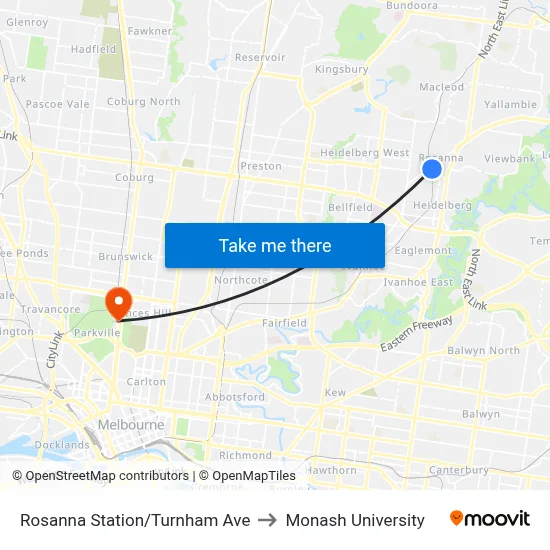 Rosanna Station/Turnham Ave to Monash University map