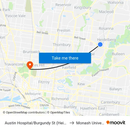 Austin Hospital/Burgundy St to Monash University map