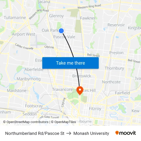 Northumberland Rd/Pascoe St to Monash University map