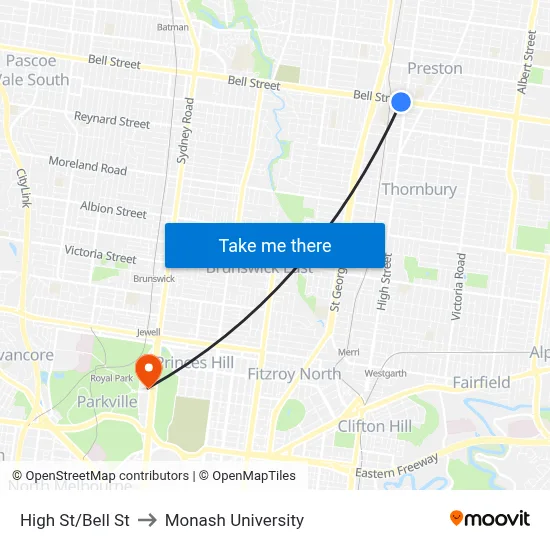 High St/Bell St to Monash University map
