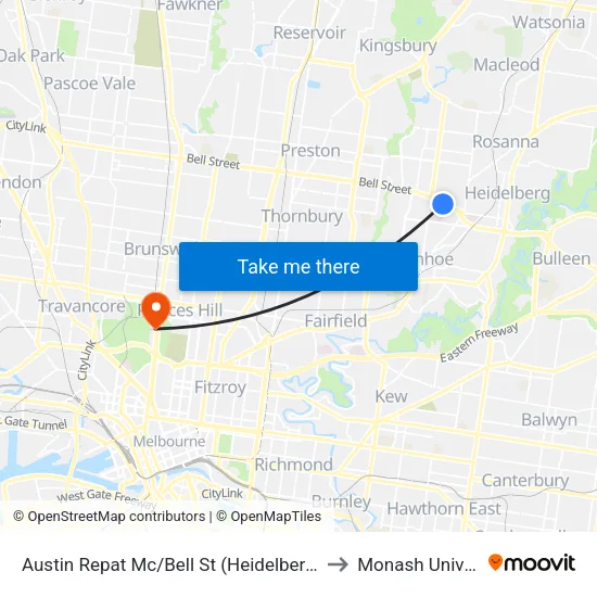 Austin Repat Mc/Bell St to Monash University map