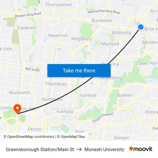 Greensborough Station/Main St to Monash University map