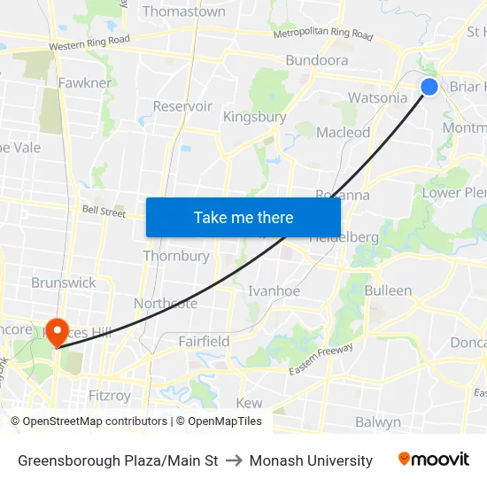Greensborough Plaza/Main St to Monash University map