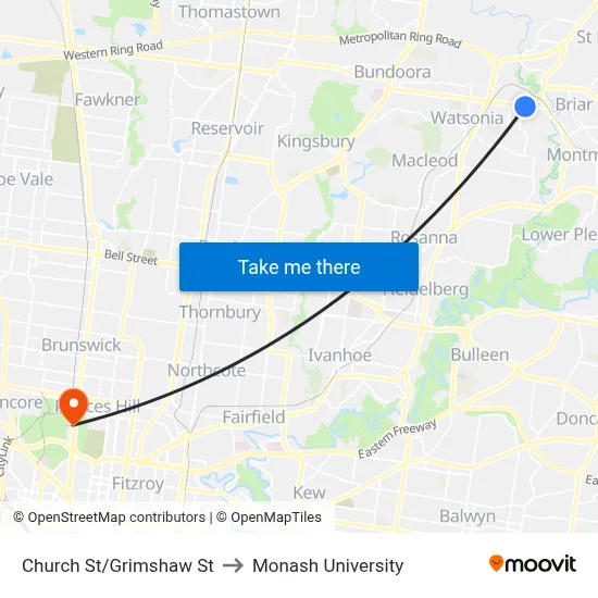 Church St/Grimshaw St to Monash University map