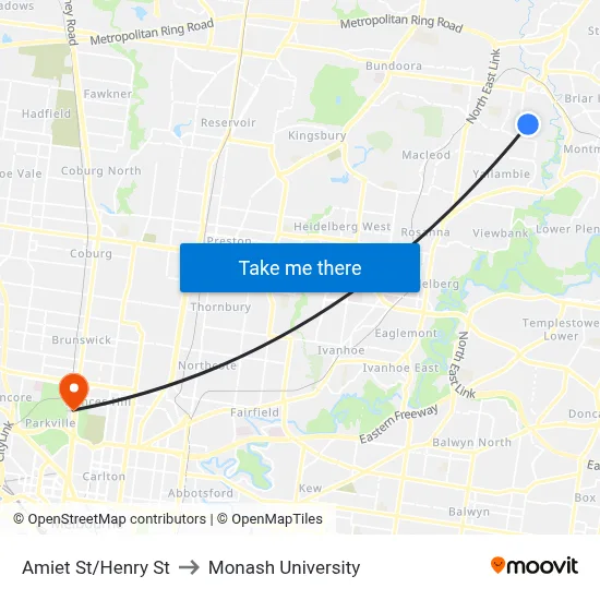 Amiet St/Henry St to Monash University map