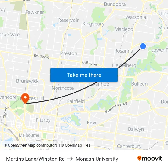 Martins Lane/Winston Rd to Monash University map
