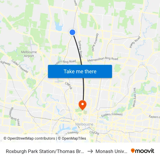 Roxburgh Park Station/Thomas Brunton Pde to Monash University map