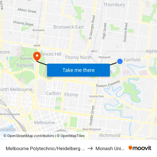 Melbourne Polytechnic/Heidelberg Rd to Monash University map