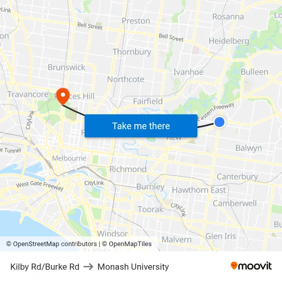 Kilby Rd/Burke Rd to Monash University map