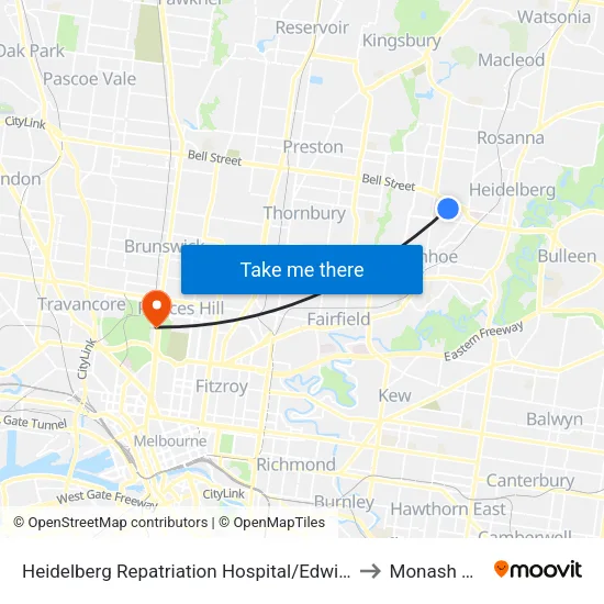 Heidelberg Repatriation Hospital/Edwin St to Monash University map