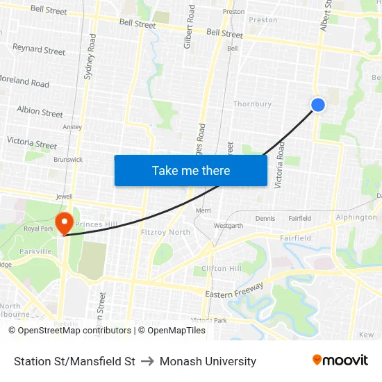 Station St/Mansfield St to Monash University map