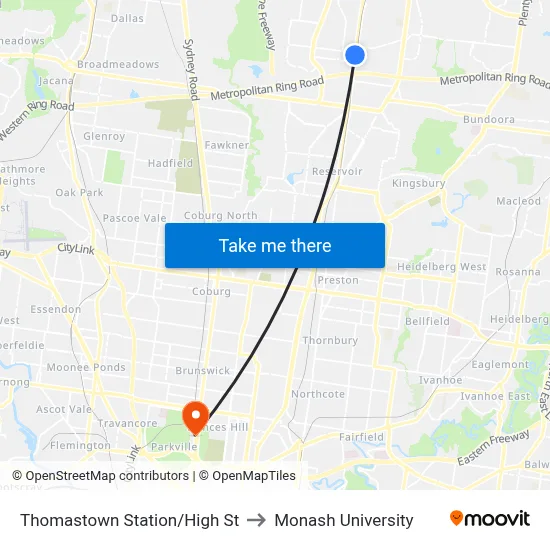 Thomastown Station/High St to Monash University map