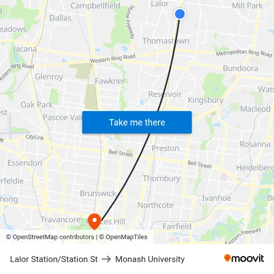Lalor Station/Station St to Monash University map