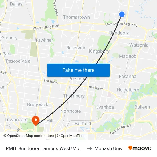 RMIT Bundoora Campus West/Mckimmies Rd to Monash University map