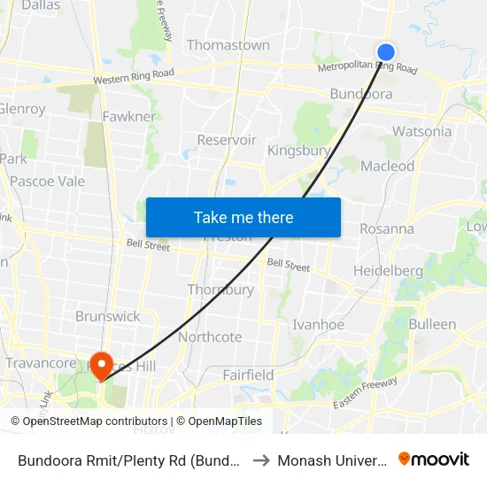 Bundoora Rmit/Plenty Rd to Monash University map