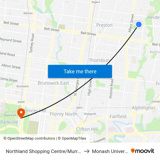Northland Shopping Centre/Murray Rd to Monash University map