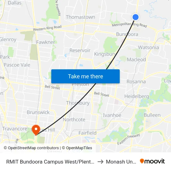 RMIT Bundoora Campus West/Plenty Rd to Monash University map