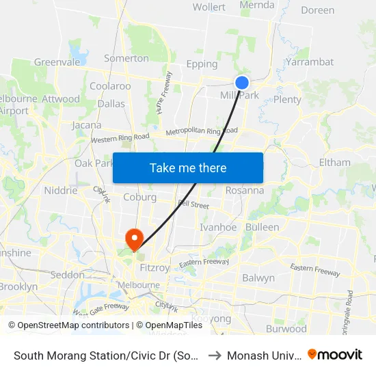 South Morang Station/Civic Dr to Monash University map