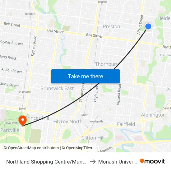 Northland Shopping Centre/Murray Rd to Monash University map