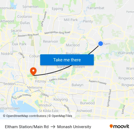 Eltham Station/Main Rd to Monash University map