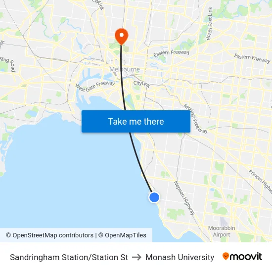 Sandringham Station/Station St to Monash University map