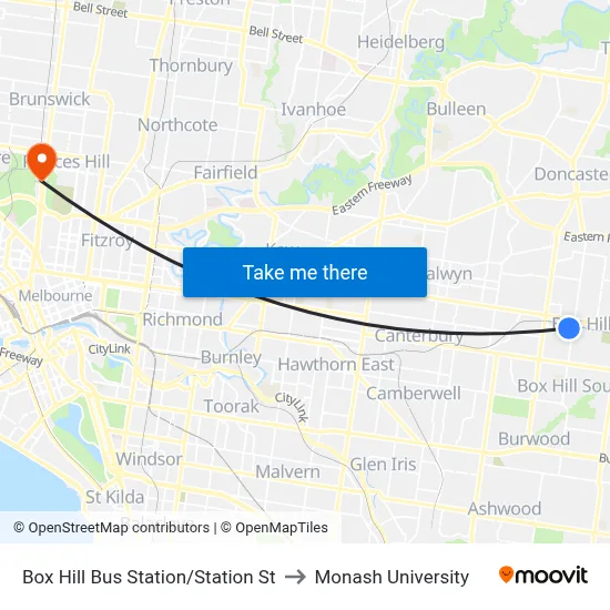 Box Hill Bus Station/Station St to Monash University map