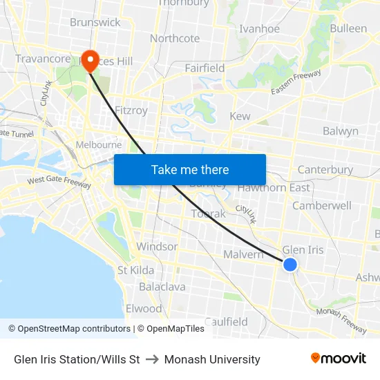 Glen Iris Station/Wills St to Monash University map