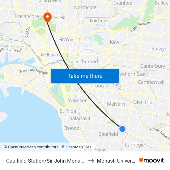 Caulfield Station/Sir John Monash Dr to Monash University map