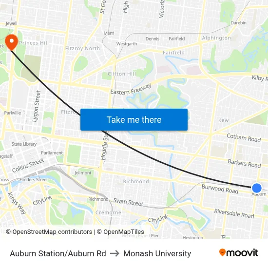Auburn Station/Auburn Rd to Monash University map