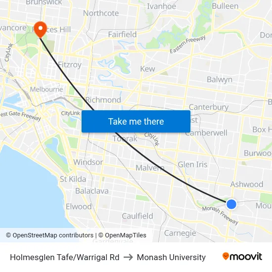Holmesglen Tafe/Warrigal Rd to Monash University map
