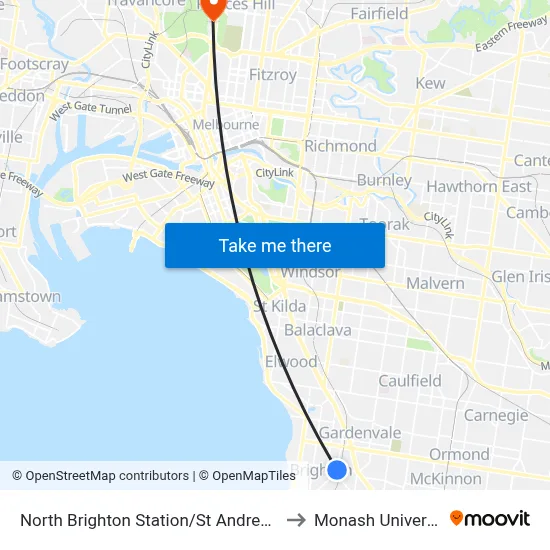 North Brighton Station/St Andrews St to Monash University map