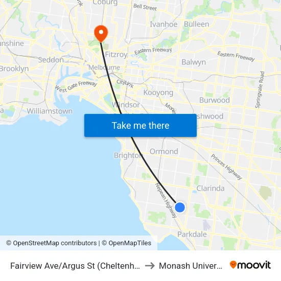 Fairview Ave/Argus St to Monash University map