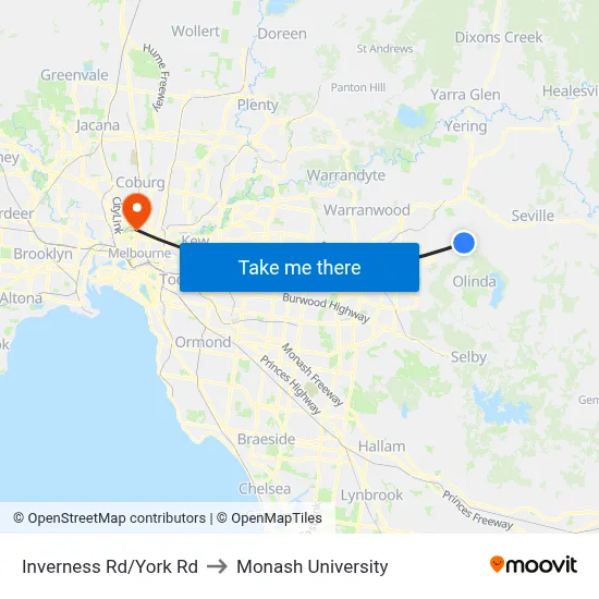 Inverness Rd/York Rd to Monash University map